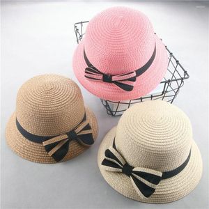 Cappelli Bambino Ragazze Cappello di paglia Bowknot Sole Bambini Bambino Tesa larga Spiaggia Estate Farfalla Fiocco Paglietta Rotonda Piatta Casquette