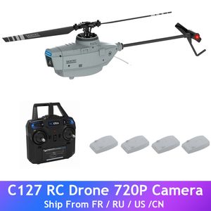 電気/RC航空機C127 2.4GHz RCドローン720pカメラ6軸wifiセントリーヘリコプター広角カメラシングルパドルaileronsスパイドローンRCトイ230210