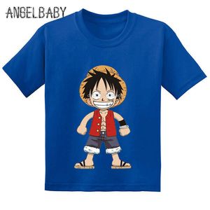 T-Shirts Anime One Piece Lufy Print Kinder Lustiges T-Shirt Baby Mädchen Sommer Baumwolle Kurzarm T-Shirt Jungen Cartoon Kleidung GKT245 T230209