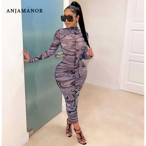 Casual Dresses ANJAMANOR Sexy Mesh Dress for Women Fall 2020 Fashion Print Long Sleeve Bodycon Maxi Dresses for Party Night Club Wear D6-BF17 T230210