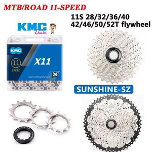 Chains SUNSHINE 11V Road Bike Cassette 11 Speed 28/32/36/40/42/46/50/52T Bicycle Freewheel MTB Sprocket KMC X11 Freewheel/Chain Kit 0210