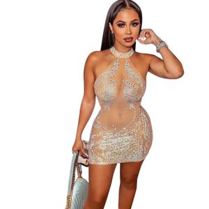 Fritidsklänningar Fritidsklänningar Sexiga Mesh Strass Kort balklänning Kvällsminiklänning Se Through Outfits Lyx för kvinnor Nattklubbsfest Diamond Bodycon0221V23