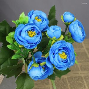 Decorative Flowers Artificial Silk Tea Rose DIY Bridal Bouquet Champagne Blue Home Wedding Decoration Fake Flower