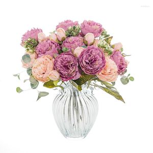 Decorative Flowers Pink Rose Autumn Artificial Silk Peony Bouquet High Quality Diy Home Wedding Decoration Luxury Fake Flower Accessories