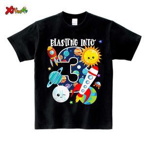 T-shirts Jungen Weltraum Geburtstag Shirts Mädchen Benutzerdefinierte Outfit Rakete Kinder Sommer Baumwolle Top Kleidung Set Kleidung Kinder Kleidung T230209