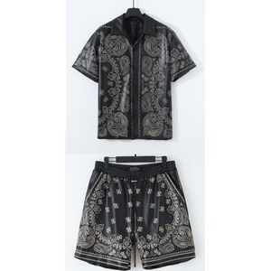 Mens Tracksuit Sweat Designer Track Casual Pure Hand-knitted Hollowed Out Short-sleeved Shirt and Leather Shorts Holiday Suit Male