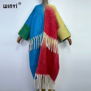 Women's Knits Tees WINYI Inverno Donna Nappe color arcobaleno di alta qualità Cappotto lungo in pelliccia di lusso Cappotto allentato Cappotti natalizi femminili caldi spessi 230210