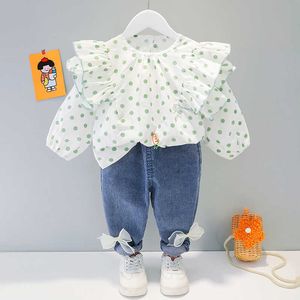 Kläder sätter nya våren babykläder set koreansk stil polka dot topjeans datorer outfit för s lång ärm småbarn flicka falldräkter