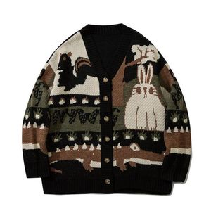 Men's Jackets Men Sweater 2023 Cartoon Print Cute Winter Coat Single-breasted Vintage For Daily Wear