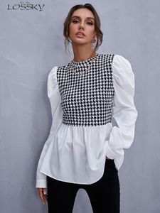 Blusas femininas camisas mulheres elegante houndstooth camisa moda plissado costura fofo manga longa top casual chique senhoras blusa escritório camisas brancas 230211