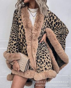 Kvinnor läder cheetah leopard tryck fuzzy trim cape cardigan faux päls jacka kappa mantel långärmad vinter mode casual lös