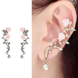 Stud Earrings Fashion Lady Pink Rose Leaf Flower Ear Cuff Earring Women Jewelry Pendientes Princesas Boucle D'oreille Cristal