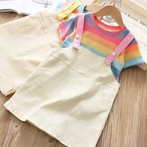 Sets Girls Summer Rainbow Striped Tshirt and Overalls Dress Pcs Suit Girl Kids Clothes Children's Clothing Years