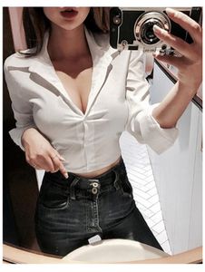 Kvinnor Bluses Korean Slim JK Uniform Fairy Sweet Sexig Ol White Shirt V Neck Women Elegant Long Sleeve Blue Work Clothes Tops Y261