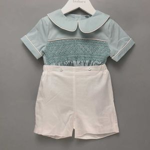 Set Bambini Boutique Ragazzi Fatto a mano Ricamato a punto smock Verde Set Cotone Lino Maniche corte BABI Abito battesimale