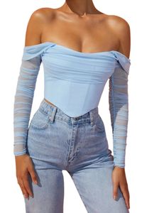 Women Casual Shirts Bodycon Cute Sexy Off Shoulder Long Sleeve Mesh See-through Slash Neck Crop Tube Top Blouses