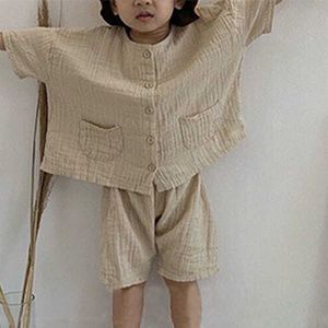 Set di abbigliamento nuovo cotone Mori retrò Abiti estivi per bambini Abito casual sciolto monopetto coreano antirughe per ragazzi e ragazze