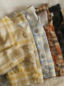 Damenstrick Harajpoo Vintage abgeschnittenes kariertes Oberteil mit V-Ausschnitt im England-Stil, passend für Frühling und Herbst, Damenbekleidung, einreihige Strickjacken