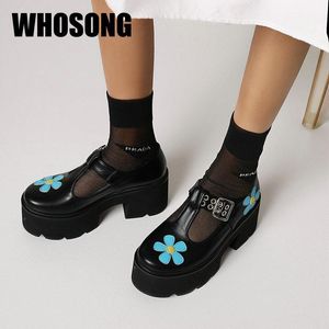 Dress Shoes Women Platform Girls Brand High Heels Woman Round Toe Ladies Black Female Flower Mary Jane 2023