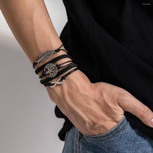 Bangle KunJoe Vintage Punk Leaves Tree Of Life Lucky Number Eight Men's Bracelet Handwoven Fashion Jewelry Accessories Wholesale