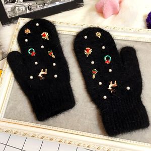 Mittens Merry Christmas Gift Women Winter Gloves Fashion Ornaments Knit Gloves Rabbit Fur Gloves Color Fur Gloves Female 230210