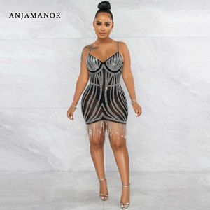 Vestidos casuais Anjamanor Crystal Rhinestone Tassel Bodycon Mini Vestido Sexy Clube Use Roupa de Aniversário para Mulheres Vestidos de Festa de Luxo D42-FH24 T230210