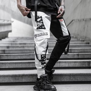 Calça masculina homens homens pretos brancos de retalhos de retalhos casuais calças de carga de tecnologia punk hip hop streetwear joggers homem vintage slim fit calça de moletom 230211