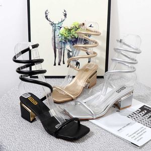 Sandals Spiral frenulum strap high-heeled sandals women's summer 2022 square toe thick heel women's shoes fashion banquet Rome sandals G230211