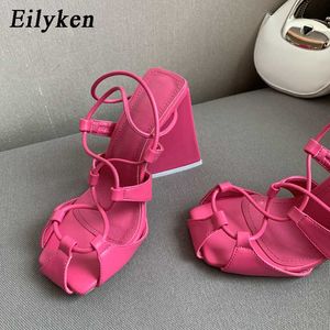 Sandals Eilyken Hollow Out Women Summer Fashion Sexy High Heels Gladiator Sandals Square Toe Party Dress Pumps Shoes G230211