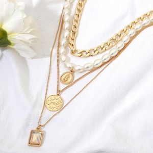 Chains Punk Multi Layered Genuine Pearl Choker Necklace Collar Statement Virgin Mary Coin Crystal Pendant Women Jewelry GiftsChains