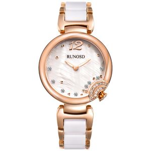 腕時計Runosd Ladies Watch Luxury Rose Gold Zircon Dial Miyota Quartzムーブメントサファイアクリスタルステンレス鋼セラミック5203L