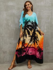 Kvinnors badkläder Bohemian Dress Kaftan Long Women v Neck Print Maxi Tunika för Beach Robe Plaage Sarong Beachwear Swimsuit Cover Up