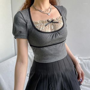 Women's T Shirts Combhasaki Female Y2K Vintage Crops Tops Contrast Color Lace Trim Patchwork U-Neck Short Puff Sleeve T-Shirt For Summer