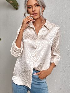 Women's Blouses Shirts Leopard Printed Satin Silk Women Long Sleeve Button Down Blouse Tops Female Formal Suit Fashion Designer 230211