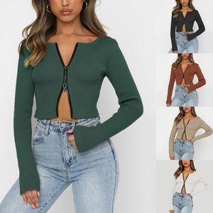 Women's Blouses Sexy Zipper Ribbed Knitted Long Sleeve Crop Tops Women T-shirt Spring Autumn Clothes Female Slim Club Party Sweater Cardigan