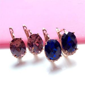 Orecchini pendenti 585 Oro viola intarsiato Fibbia per orecchio di cristallo blu Brillante luce di lusso Rubino rosa 14K Per le donne Gioielli da sposa glamour