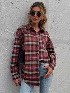 Women's Blouses Red Plaid Shirt Women 2023 Autumn Tops Casual Loose Turn Down Collar Long Sleeve Button Ladies