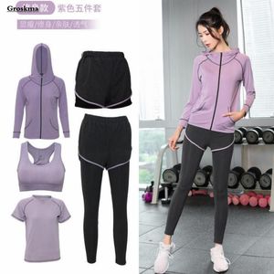 Yoga Outfit Fitness Gym Frauen Anzüge Sport Laufen 2/3/4/5 Stück Set Mäntel T-shirt BH Hosen Shorts Outdoor Ropa Deportiva Mujer