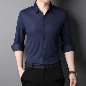 Men's Casual Shirts OIMG Stretch Long Sleeve Shirt Lapel Collar Business Slim Pure Color Seamless Autumn Mulberry Silk Ice