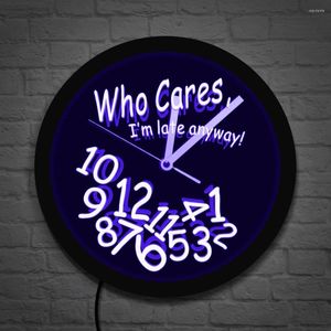 Wanduhren „Who Cares I'm Late Anyway Moods“, Neonschild, Bürouhr mit LED-Beleuchtung, modernes Design, Geschenk für Zauderer