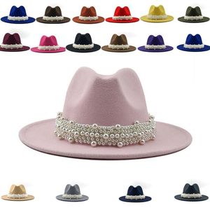 Skąpy brzeg kapelusze kobiety zimowy pasek perłowy poczuł panamę formalną białą szeroką vintage mężczyzn czapki fedora