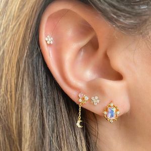 Stud Earrings SO Mini 4Piece/set Copper Moon Flower Zircon Piercing Screw Ball Jewelry For Women Simple Trendy Party Gift