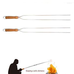 Dinnerware Sets Skewers BBQ Stick Grill Fork Needle With Wooden Handle Overlong Outdoor Stainless Steel Camping Roast Chicken Tools