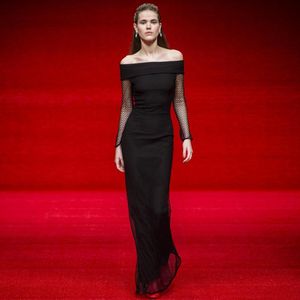 Casual Dresses Charming Slash Neck Lace Black Bandage Dress Semi-Sheer Long Sleeve Off The Shoulder Hourglass Bodycon Maxi Red Carpet