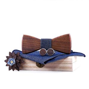 Bow Ties Sitonjwly Classic Wood Bowtie Handkerchief Cufflinks Set For Mens Suits Butterfly Male Wooden TiesWedding Corbatas AccessoryBow