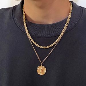 Pendant Necklaces Vintage Fashion Gold Color Hip Hop Twist Chain Head Portrait Coin Necklace For Women Female Men Punk Multilevel Jewelry