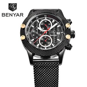 Нарученные часы Benyar Quartz Watch Chronograph Fashion Sport Mens Watch Watchs сетчатая резиновая полоса водонепроницаем