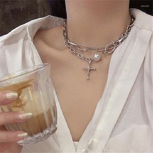 Pendant Necklaces Hiphop Gothic Zircon Cross Charm Necklace For Women Girls Party Wedding Pearl Jewelry Gift Accessories Dz487