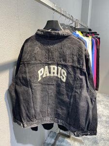 PARIS embroidered letter wash loose os men and women autumn and winter denim jacket