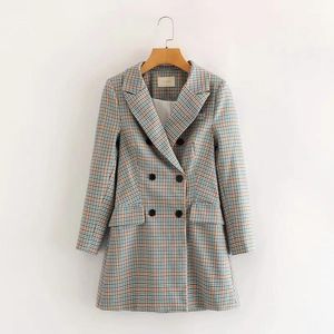 Женские костюмы Blazers Весеннее осень двойной грудь Blazer Outwear for Women Vintage Plaid Long Sust Pav